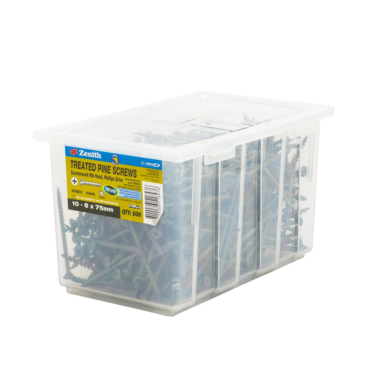 ZENITH® 10G x 75mm TUFCOTE® Treated Pine Screws (Phillips Drive) – 500 Pack