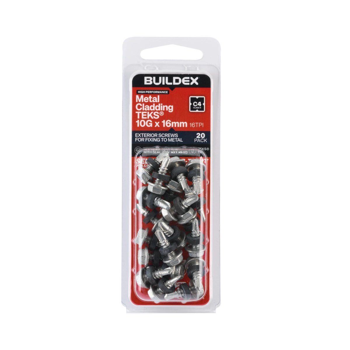 Buildex® 10G x 16mm Class 4 Metal Cladding TEKS® Screws with Seal – 20 Pack