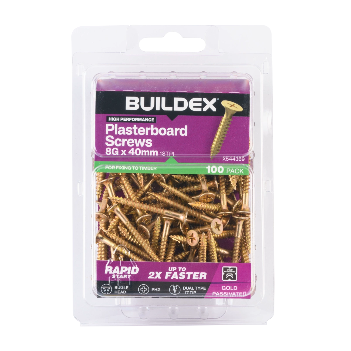Buildex® 8G x 40mm Gold Passivated Plasterboard Screws – 100 Pack
