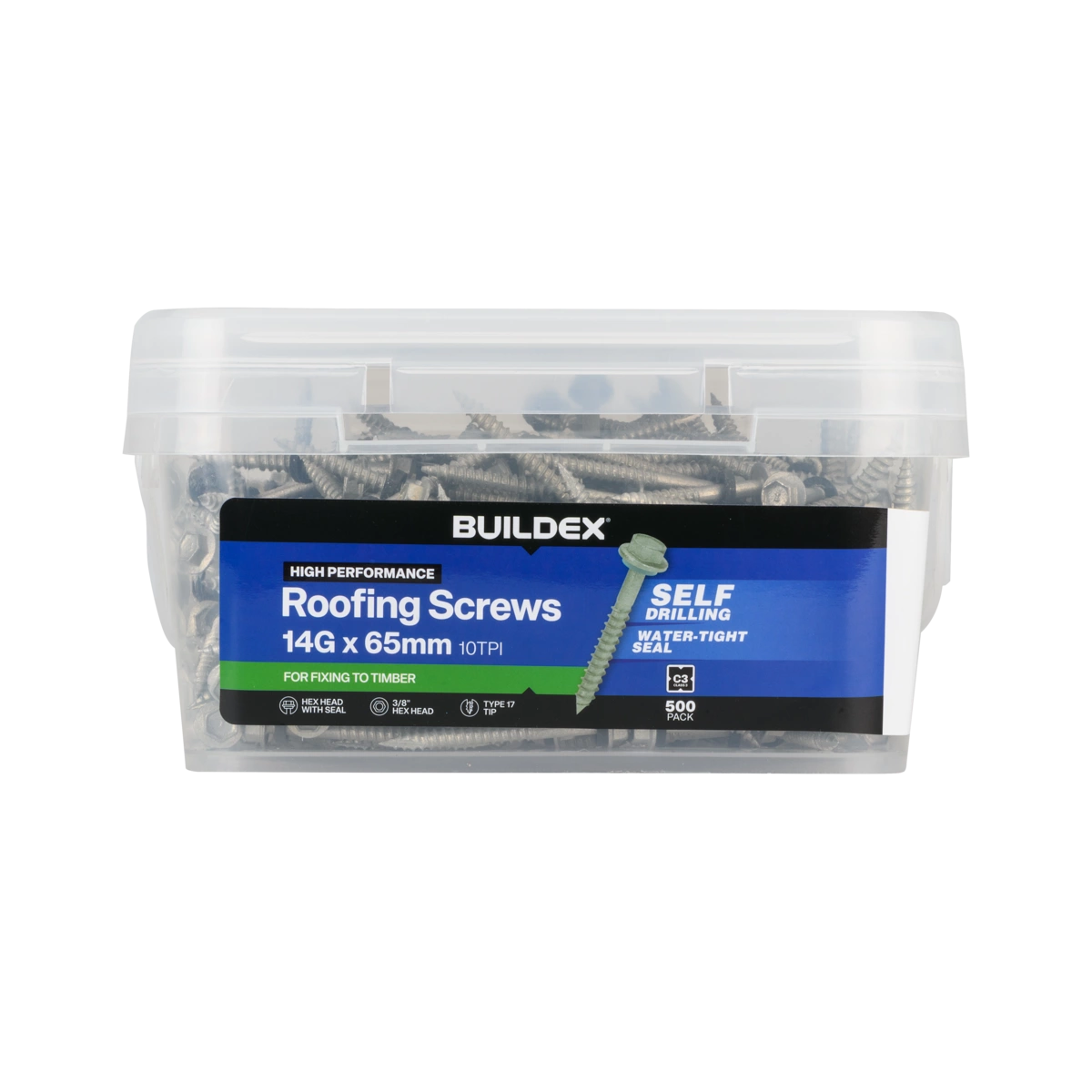 Buildex® 14G x 65mm Class 3 Roofing Screws with Seal – 500 Pack