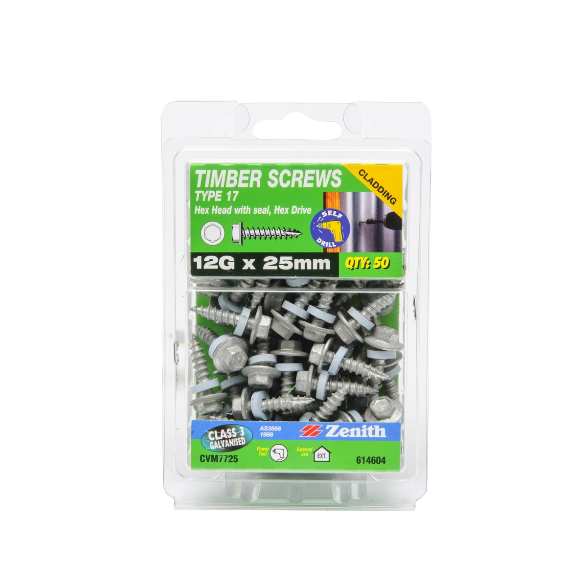 ZENITH® 12G x 25mm Class 3 Galvanised Cladding & Roofing Screws with Seal – 50 Pack