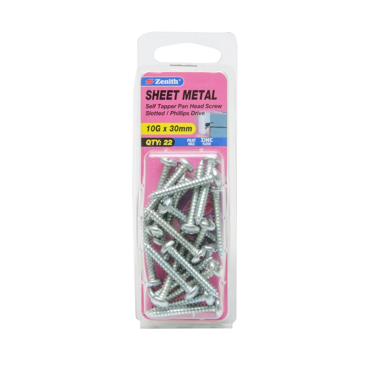 ZENITH® 10G x 30mm Zinc Plated Sheet Metal Screws – 22 Pack