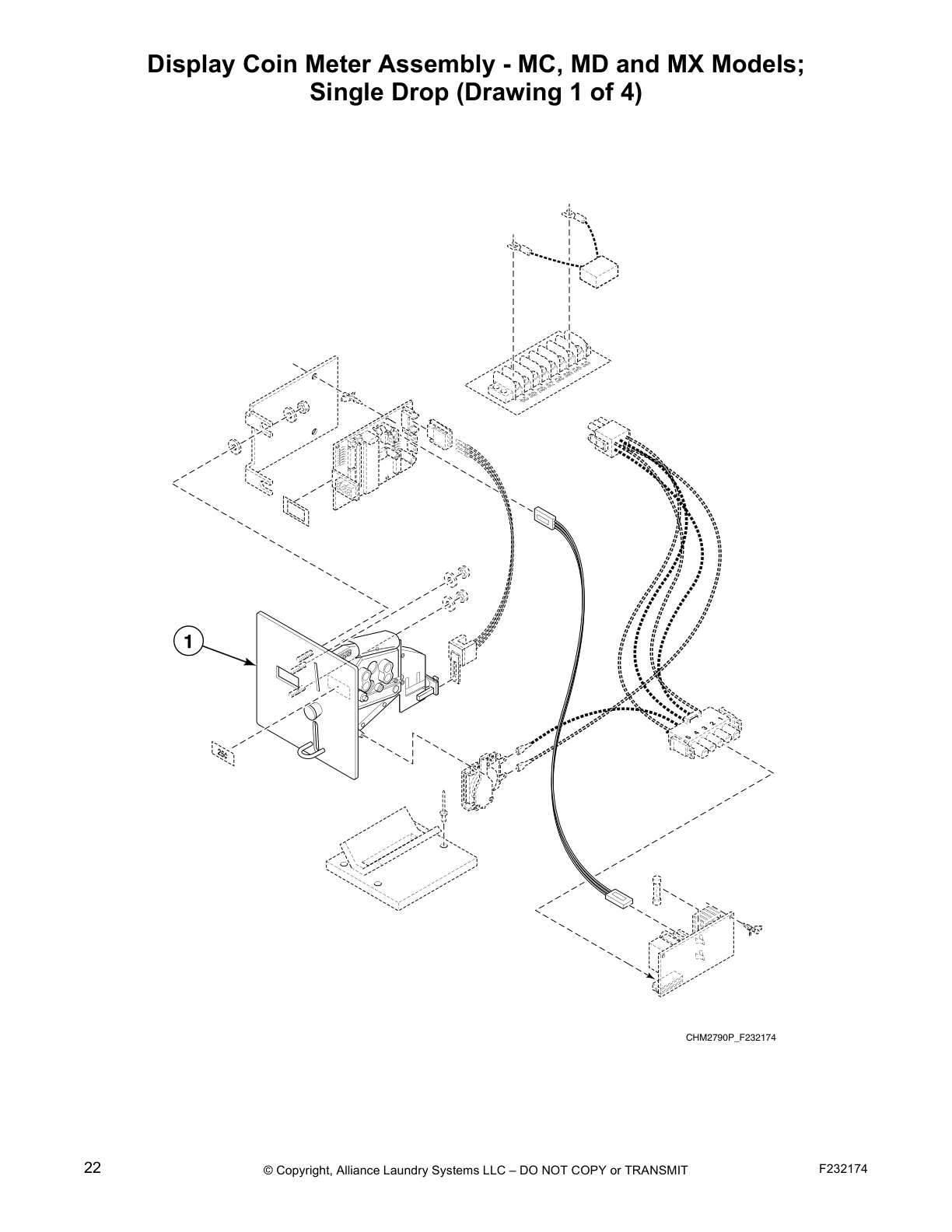 Display Coin Meter Assembly - MC, MD and MX Models;
Single Drop (Drawing 1 of 4)