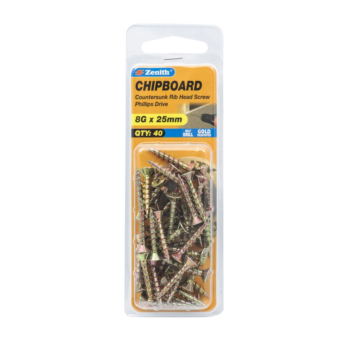 ZENITH® 8G x 25mm Gold Passivated Chipboard Screws – 40 Pack