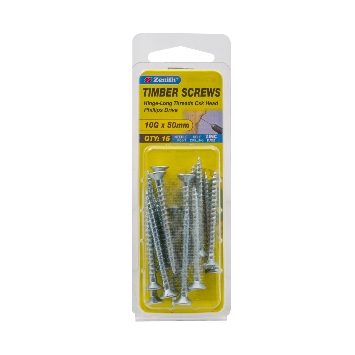 ZENITH® 10G x 50mm Zinc Plated Timber Screws – 15 Pack