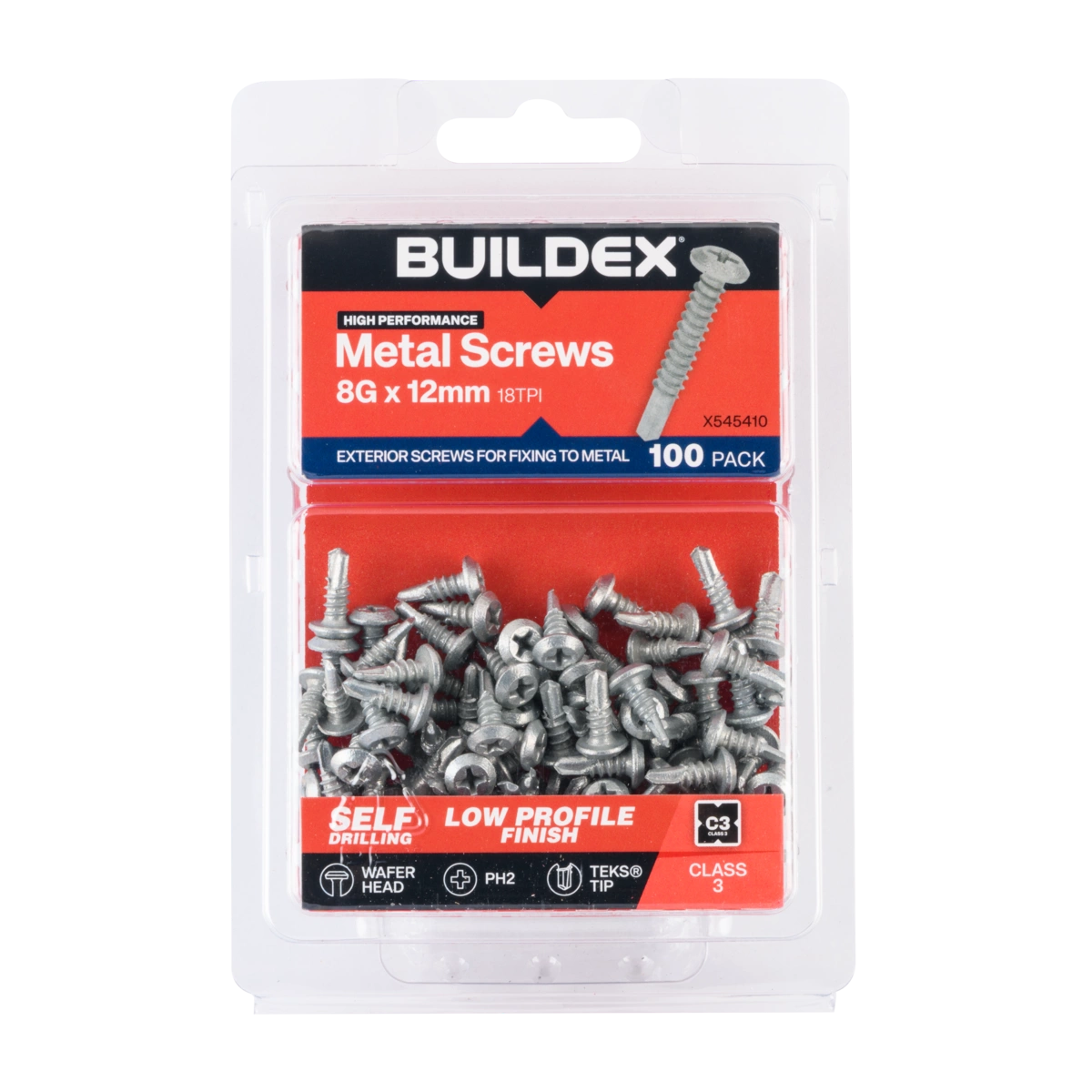 Buildex® 8G x 12mm Class 3 Sheet Metal Screws (Wafer Head) – 100 Pack