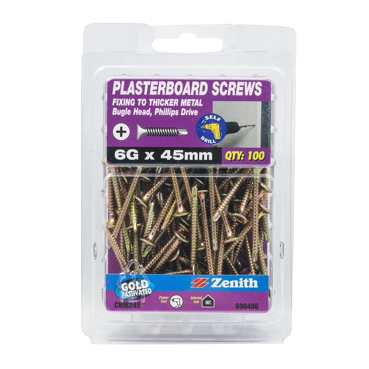 ZENITH® 6G x 45mm Gold Passivated Plasterboard Screws – 100 Pack
