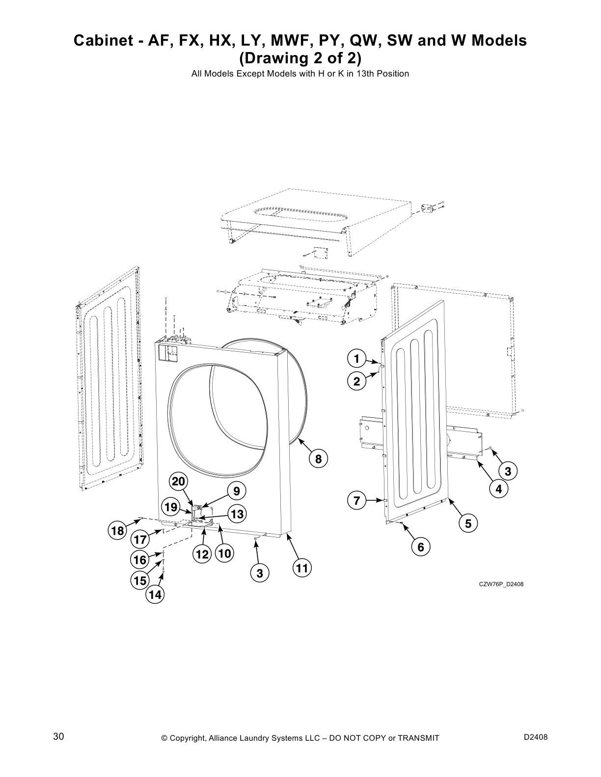 Cabinet - AF, FX, HX, LY, MWF, PY, QW, SW and W Models
(Drawing 2 of 2)