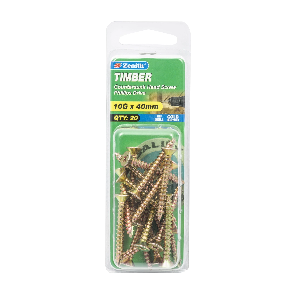 ZENITH® 10G x 40mm Gold Passivated Timber Screws – 20 Pack