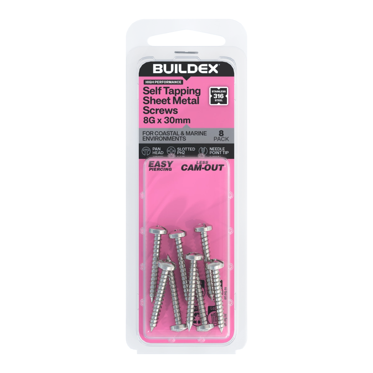 Buildex® 8G x 30mm SS316 Self Tapping Sheet Metal Screws – 8 Pack