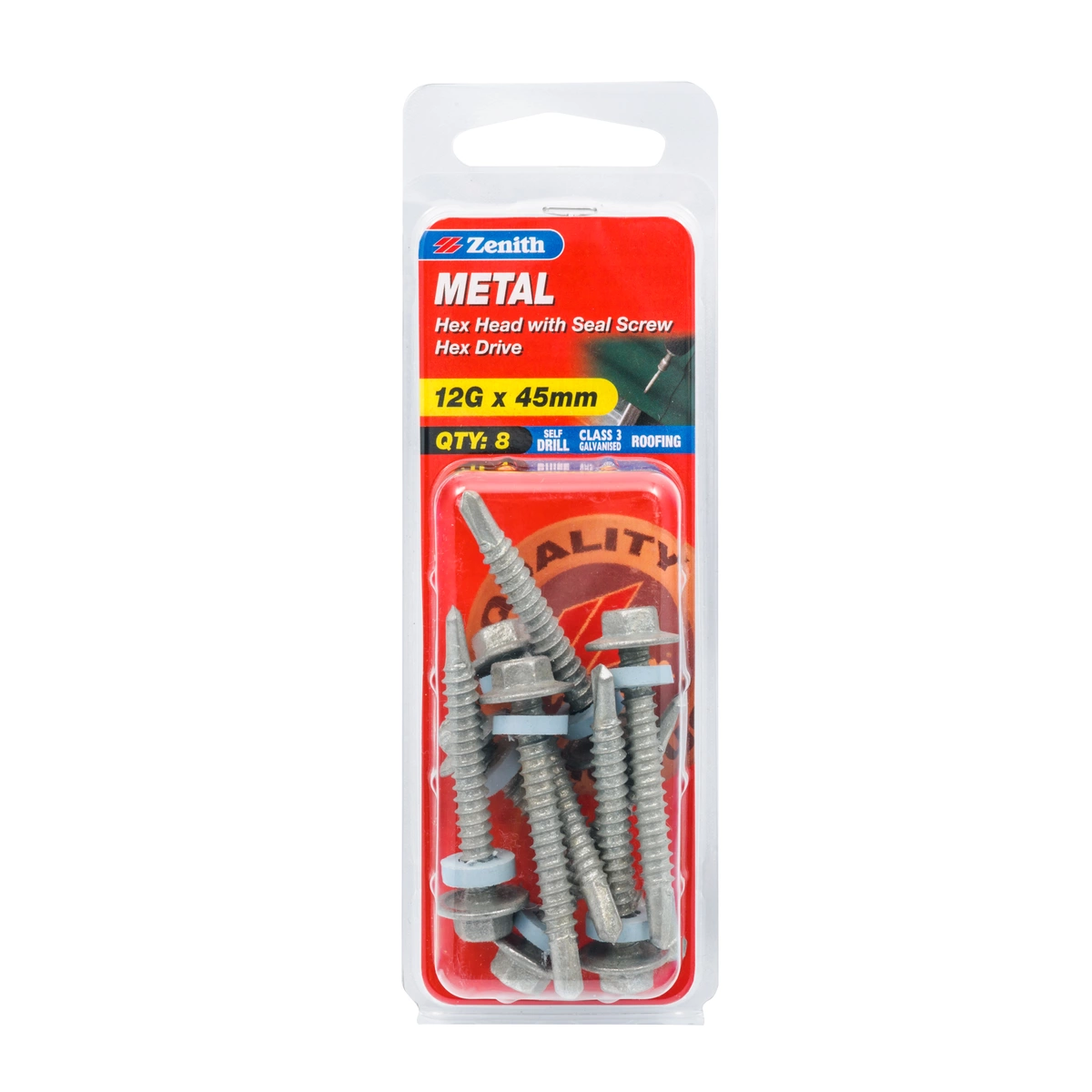 ZENITH® 12G x 45mm Class 3 Galvanised Cladding & Roofing Screws with Seal – 8 Pack