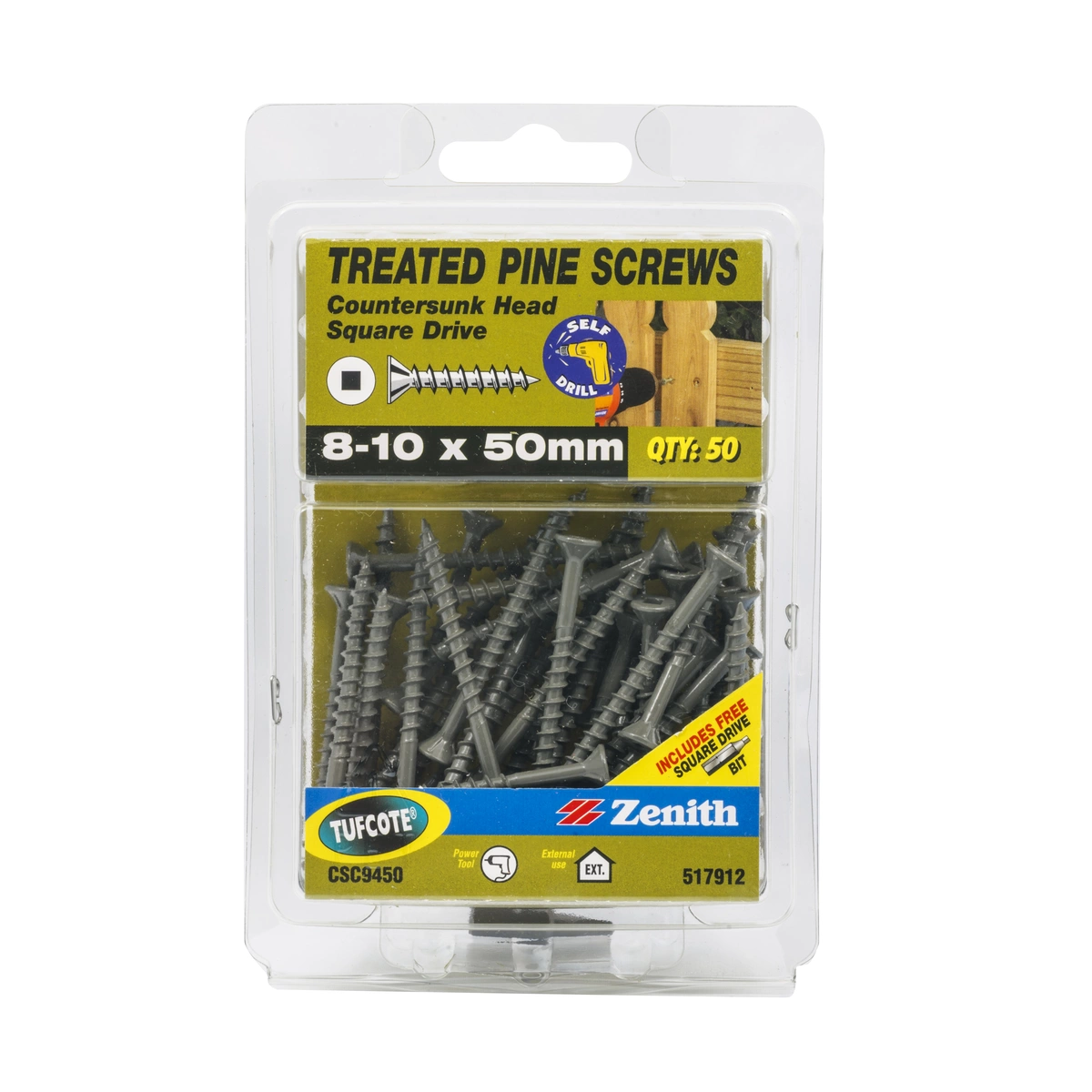 ZENITH® 8G x 50mm TUFCOTE® Treated Pine Screws (Square Drive) – 50 Pack