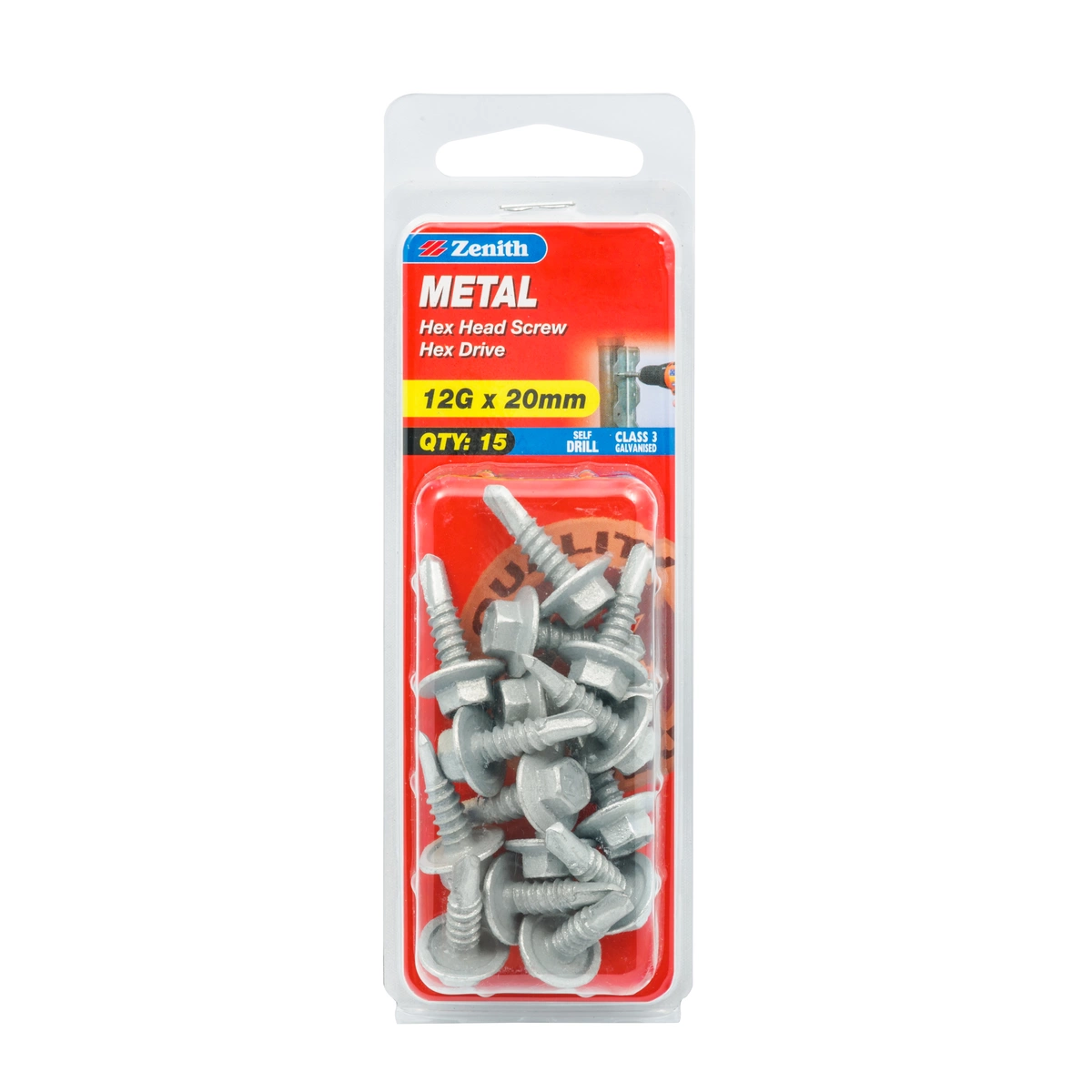 ZENITH® 12G x 20mm Class 3 Galvanised Metal Screws – 15 Pack