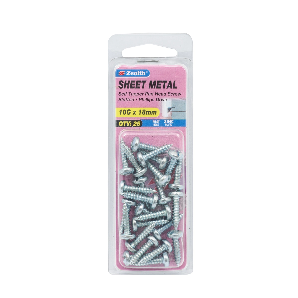 ZENITH® 10G x 18mm Zinc Plated Sheet Metal Screws – 25 Pack