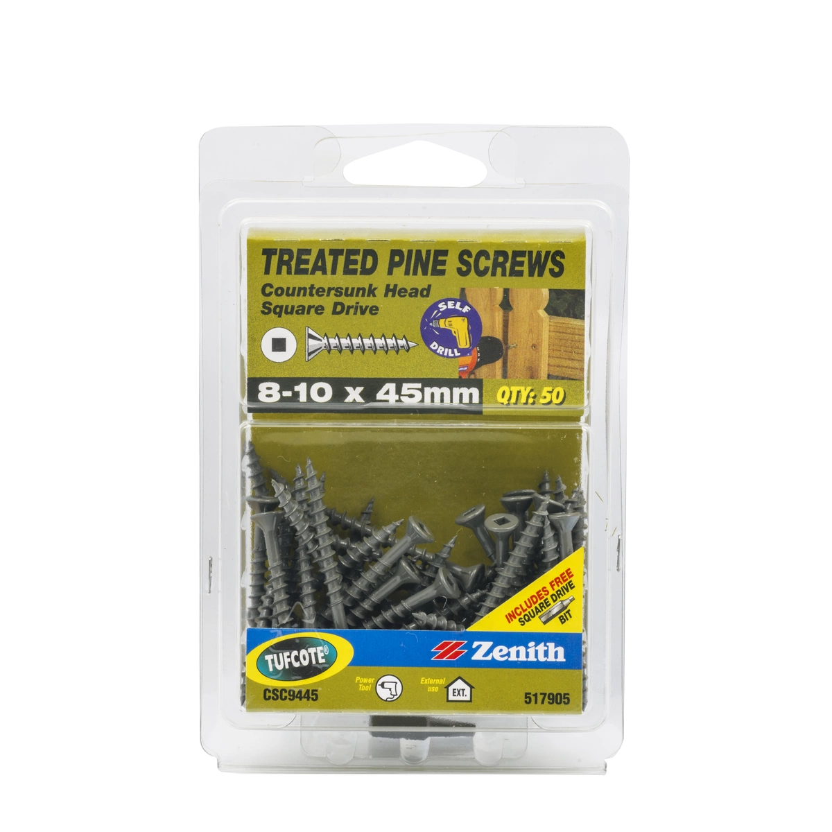 ZENITH® 8G x 45mm TUFCOTE® Treated Pine Screws (Square Drive) – 50 Pack