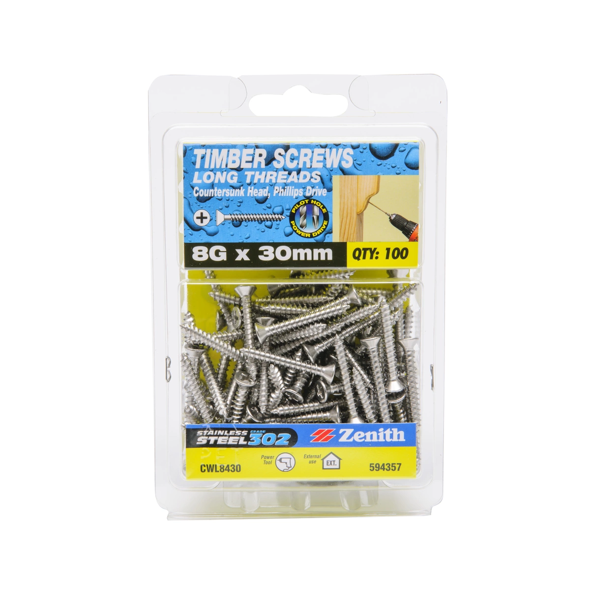 ZENITH® 8G x 30mm 304 Stainless Steel Timber Screws (Phillips Drive) – 100 Pack