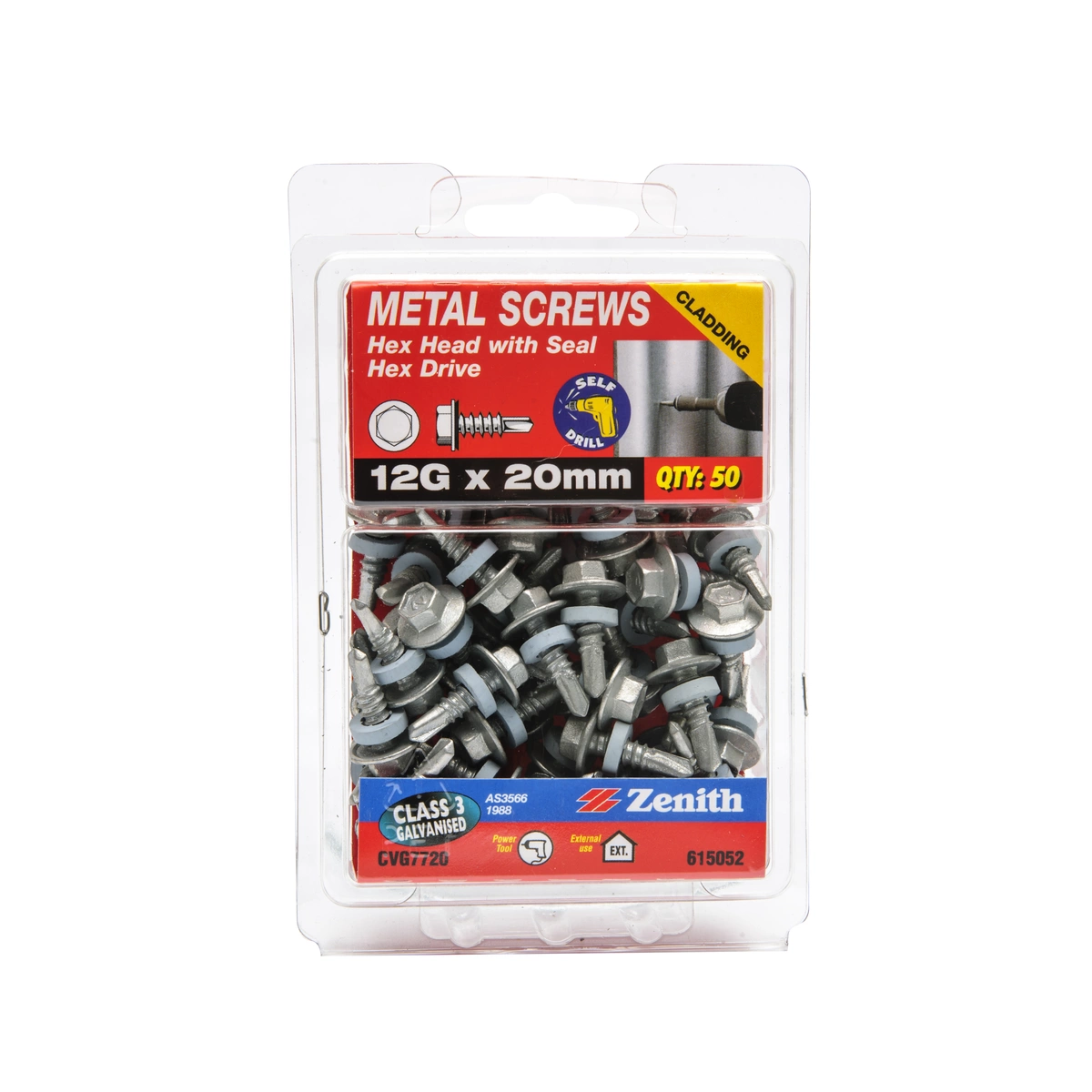 ZENITH® 12G x 20mm Class 3 Galvanised Cladding & Roofing Screws with Seal – 50 Pack