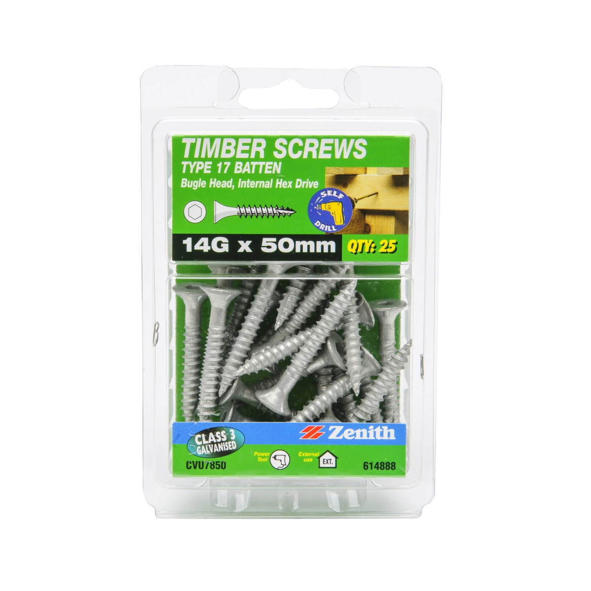 ZENITH® 14G x 50mm Class 3 Galvanised Bugle Batten Screws – 25 Pack