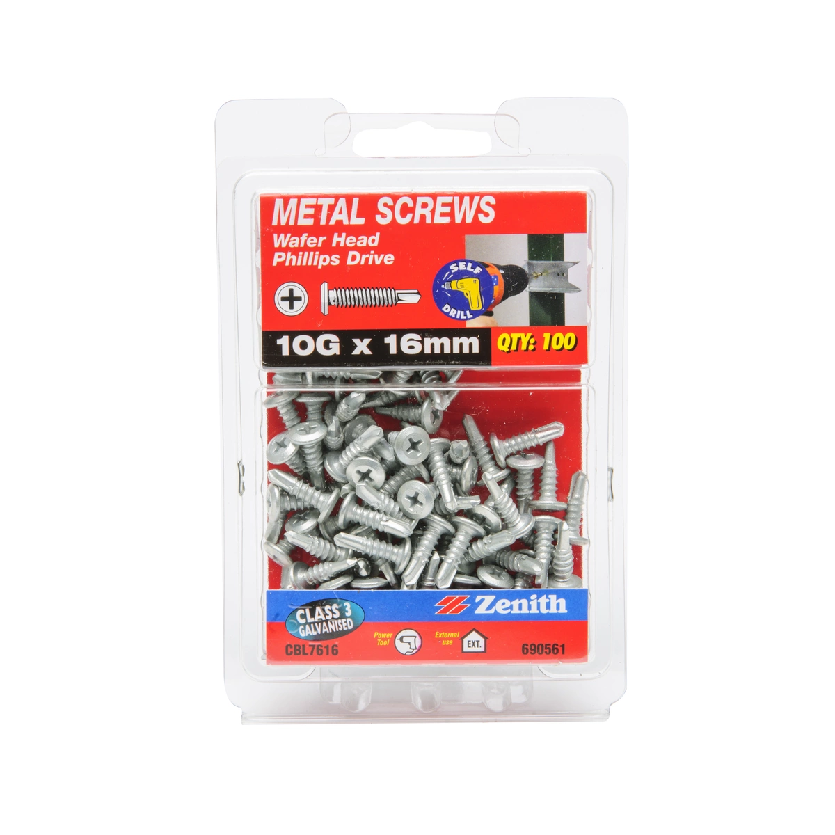 ZENITH® 10G x 16mm Class 3 Galvanised Metal Screws (Phillips Drive) – 100 Pack