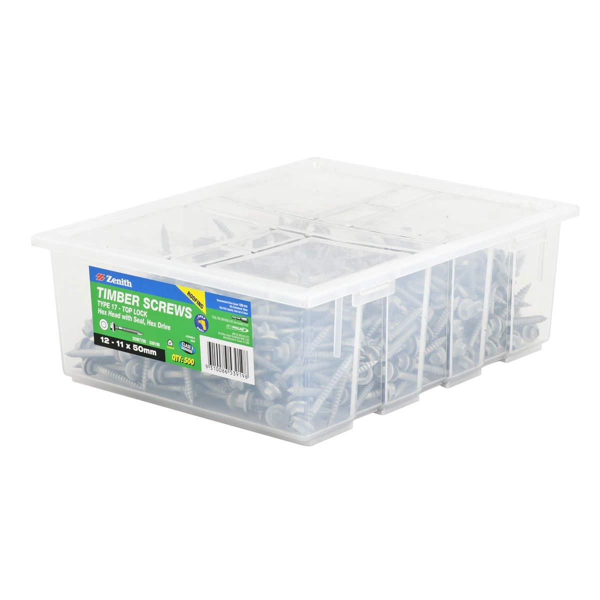 ZENITH® 12G x 50mm Class 3 Galvanised Cladding & Roofing Screws with Seal – 500 Pack