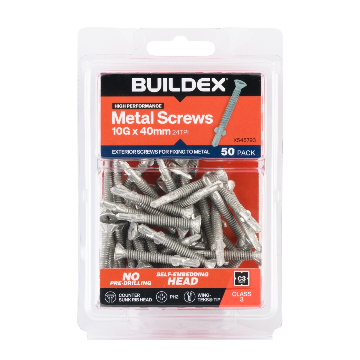 Buildex® 10G x 40mm Class 3 Sheet Metal Screws (Countersunk Rib Head) – 50 Pack