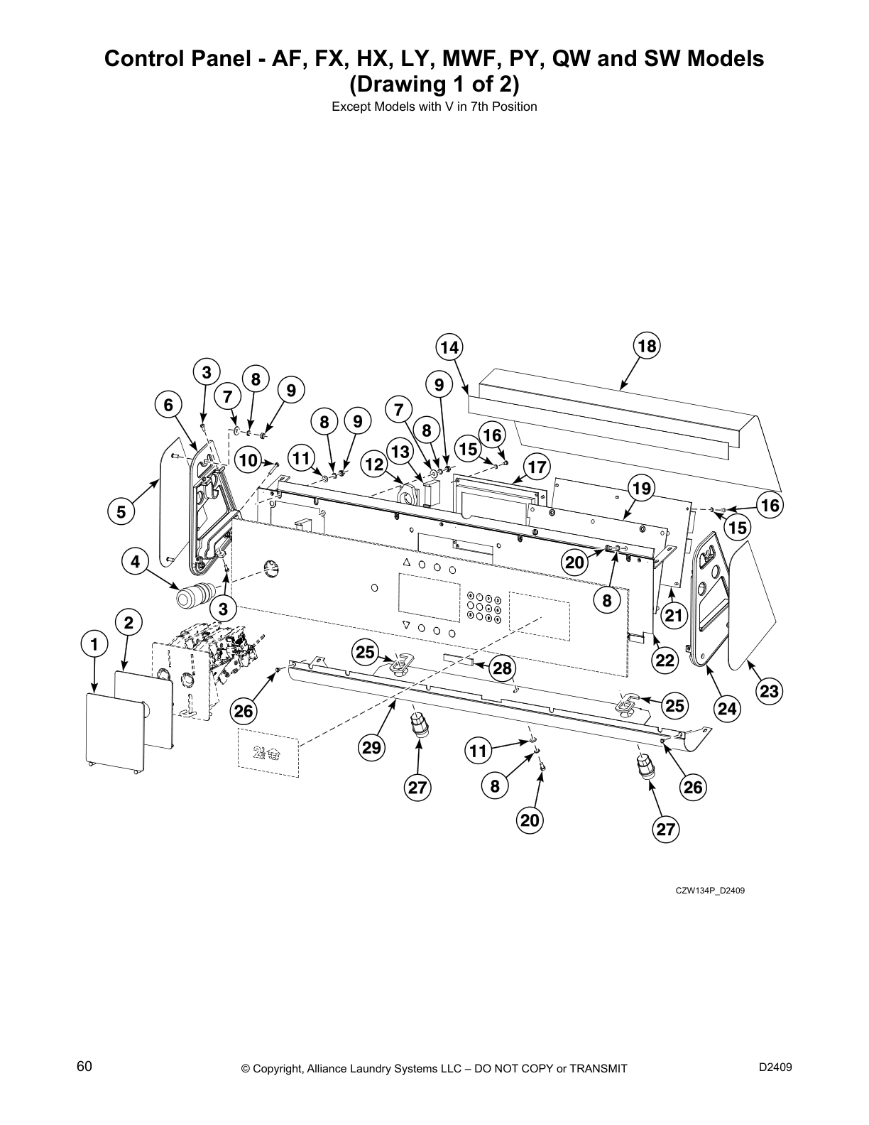 Control Panel - AF, FX, HX, LY, MWF, PY, QW and SW Models
(Drawing 1 of 2)
