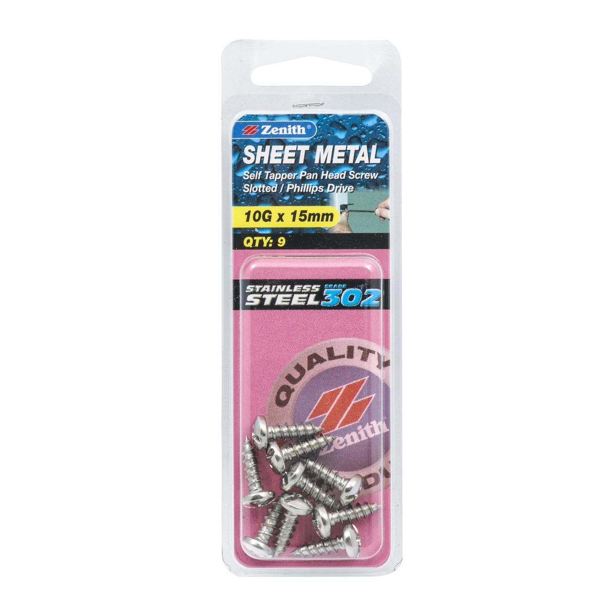 ZENITH® 10G x 15mm 304 Stainless Steel Sheet Metal Screws – 9 Pack