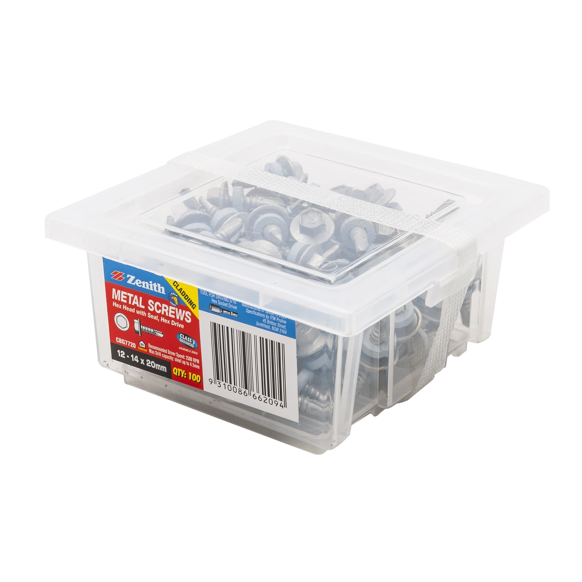 ZENITH® 12G x 20mm Class 3 Galvanised Cladding & Roofing Screws with Seal – 100 Pack