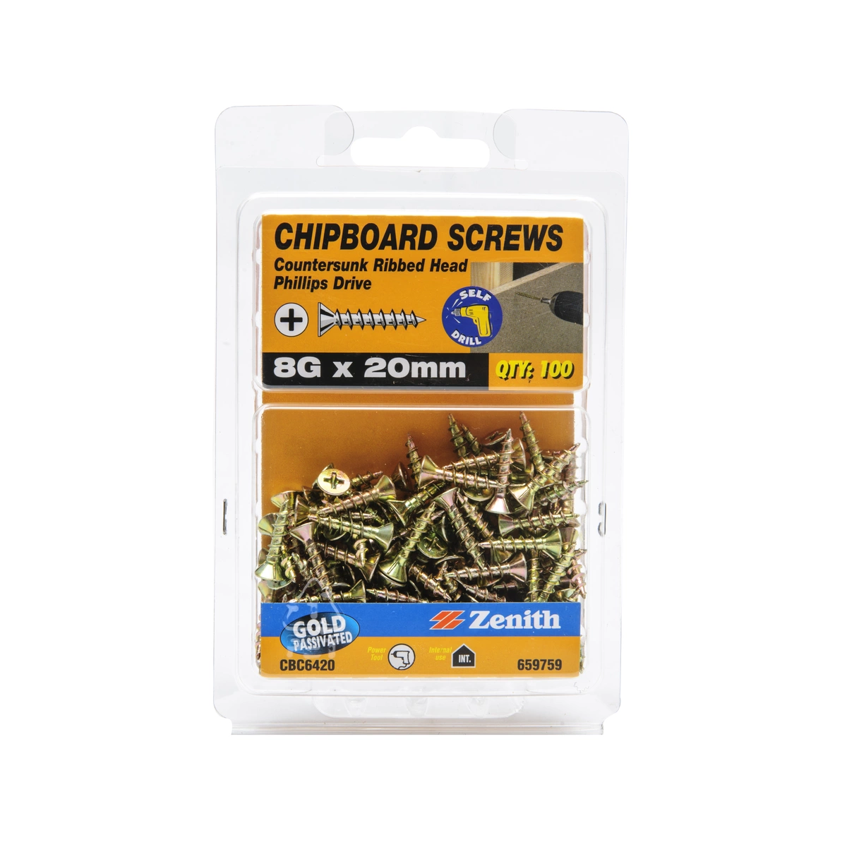 ZENITH® 8G x 20mm Gold Passivated Chipboard Screws (Phillips Drive) – 100 Pack
