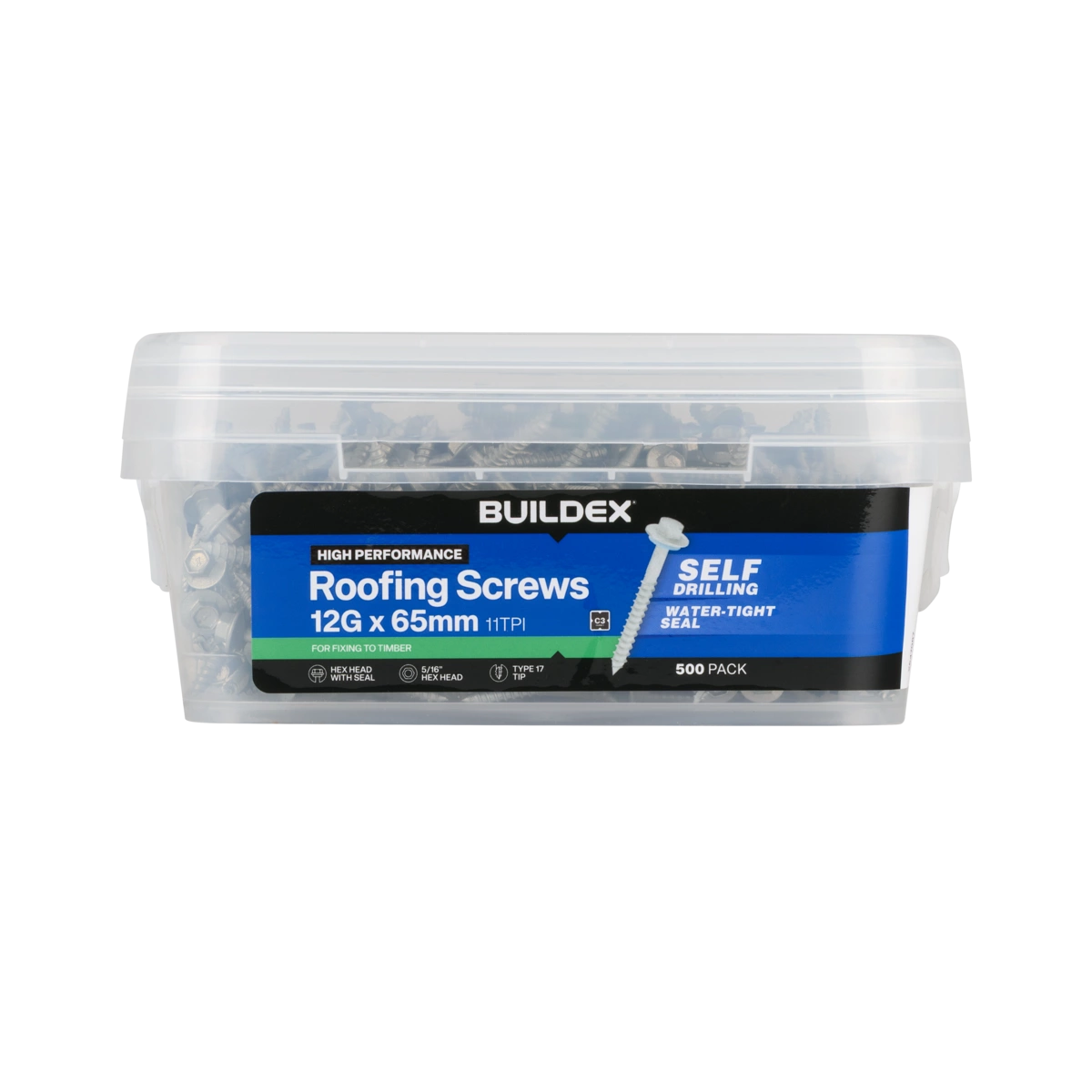 Buildex® 12G x 65mm Class 3 Roofing Screws with Seal – 500 Pack