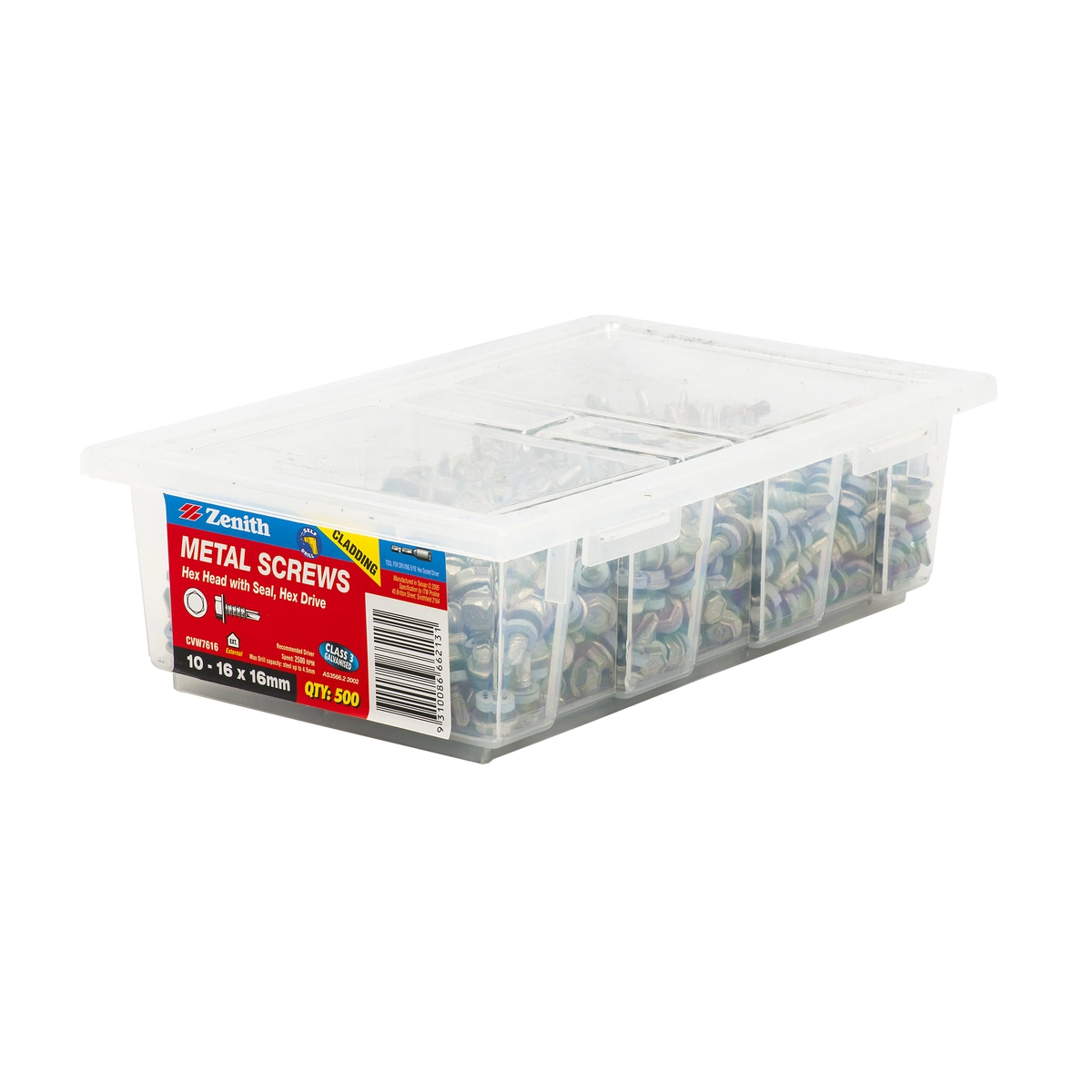 ZENITH® 10G x 16mm Class 3 Galvanised Cladding & Roofing Screws with Seal – 500 Pack