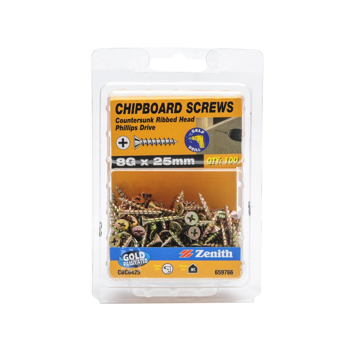 ZENITH® 8G x 25mm Gold Passivated Chipboard Screws (Phillips Drive) – 100 Pack