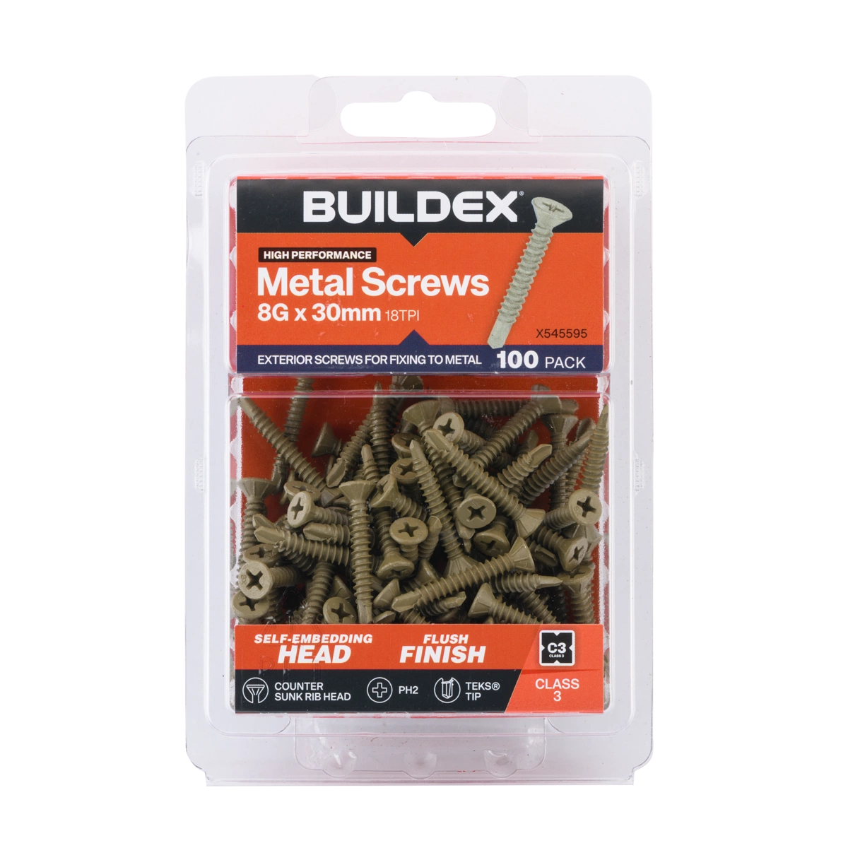 Buildex® 8G x 30mm Class 3 Sheet Metal Screws – 100 Pack