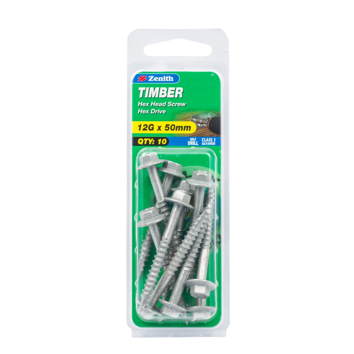 ZENITH® 12G x 50mm Class 3 Galvanised Timber Screws – 10 Pack