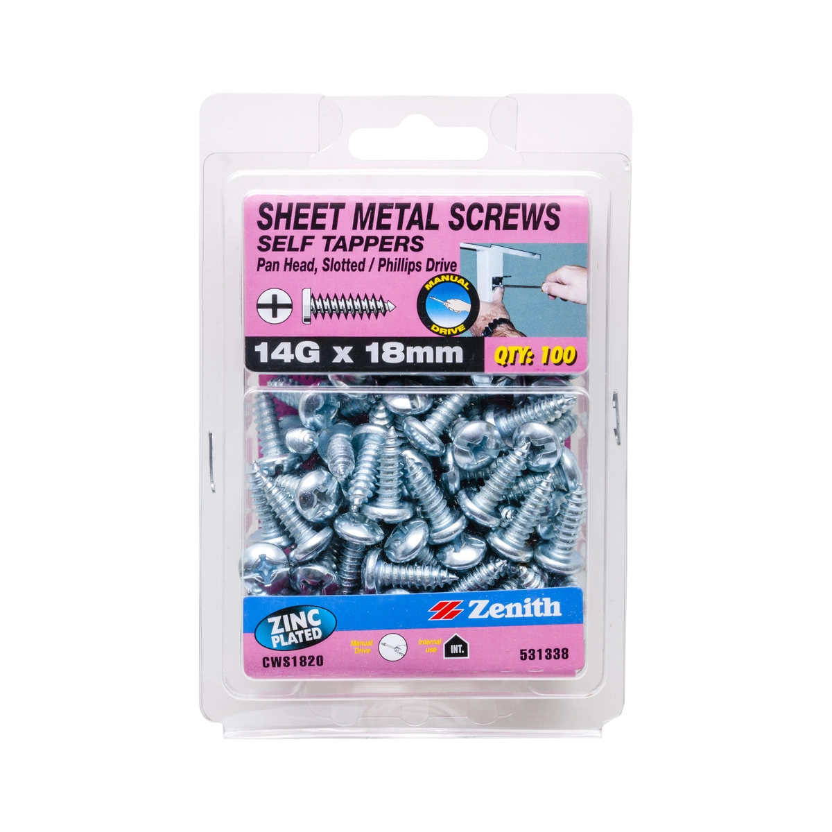 ZENITH® 14G x 18mm Zinc Plated Sheet Metal Screws – 100 Pack