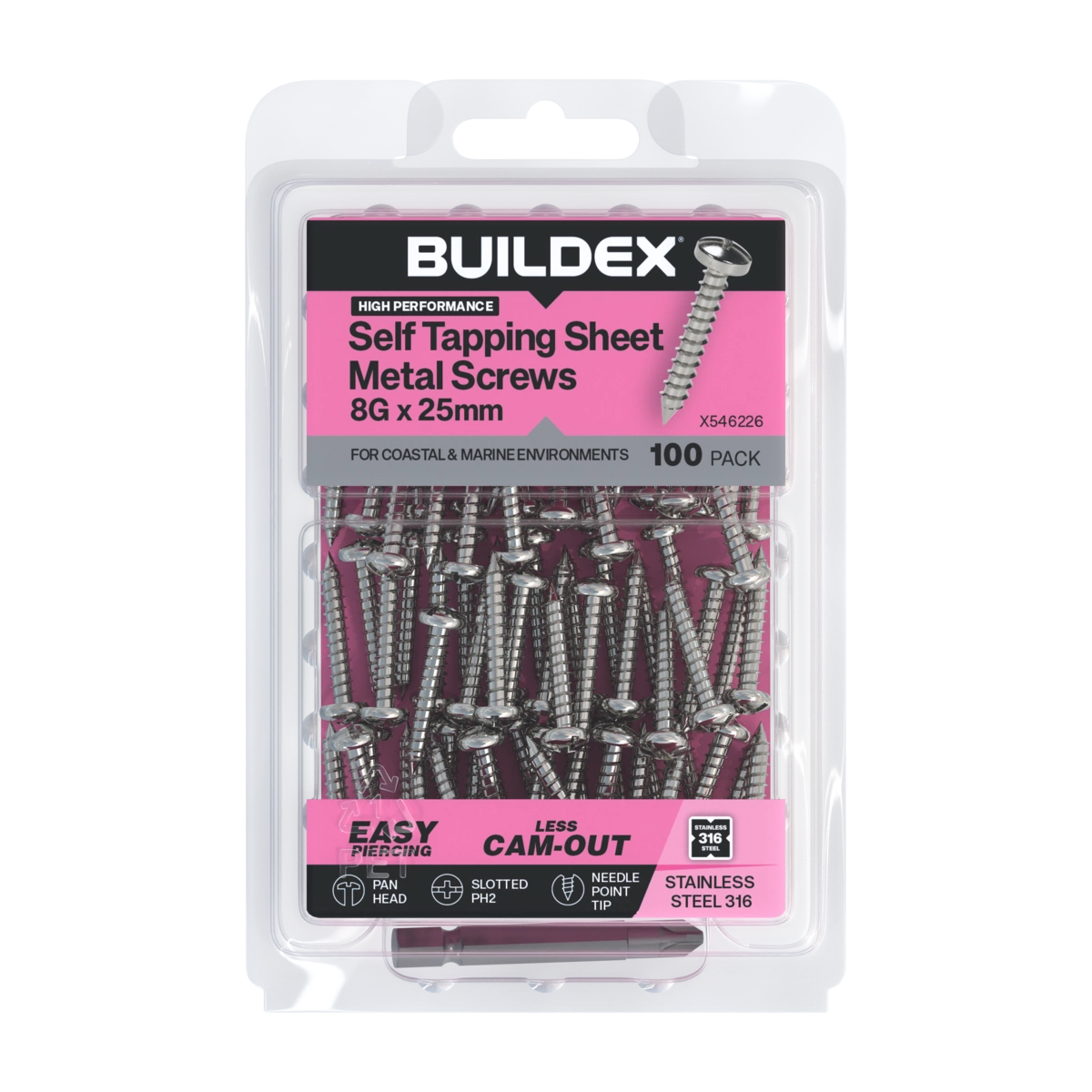 Buildex® 8G x 25mm SS316 Self Tapping Sheet Metal Screws – 100 Pack