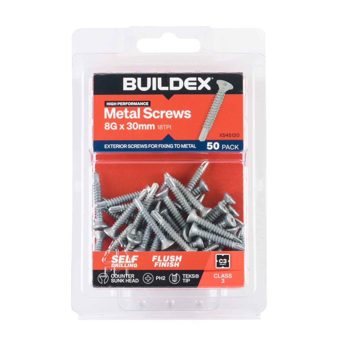 Buildex® 8G x 30mm Class 3 Sheet Metal Screws – 50 Pack