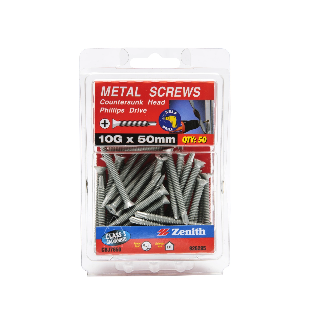 ZENITH® 10G x 50mm Class 3 Galvanised Metal Screws (Drill Point) – 50 Pack