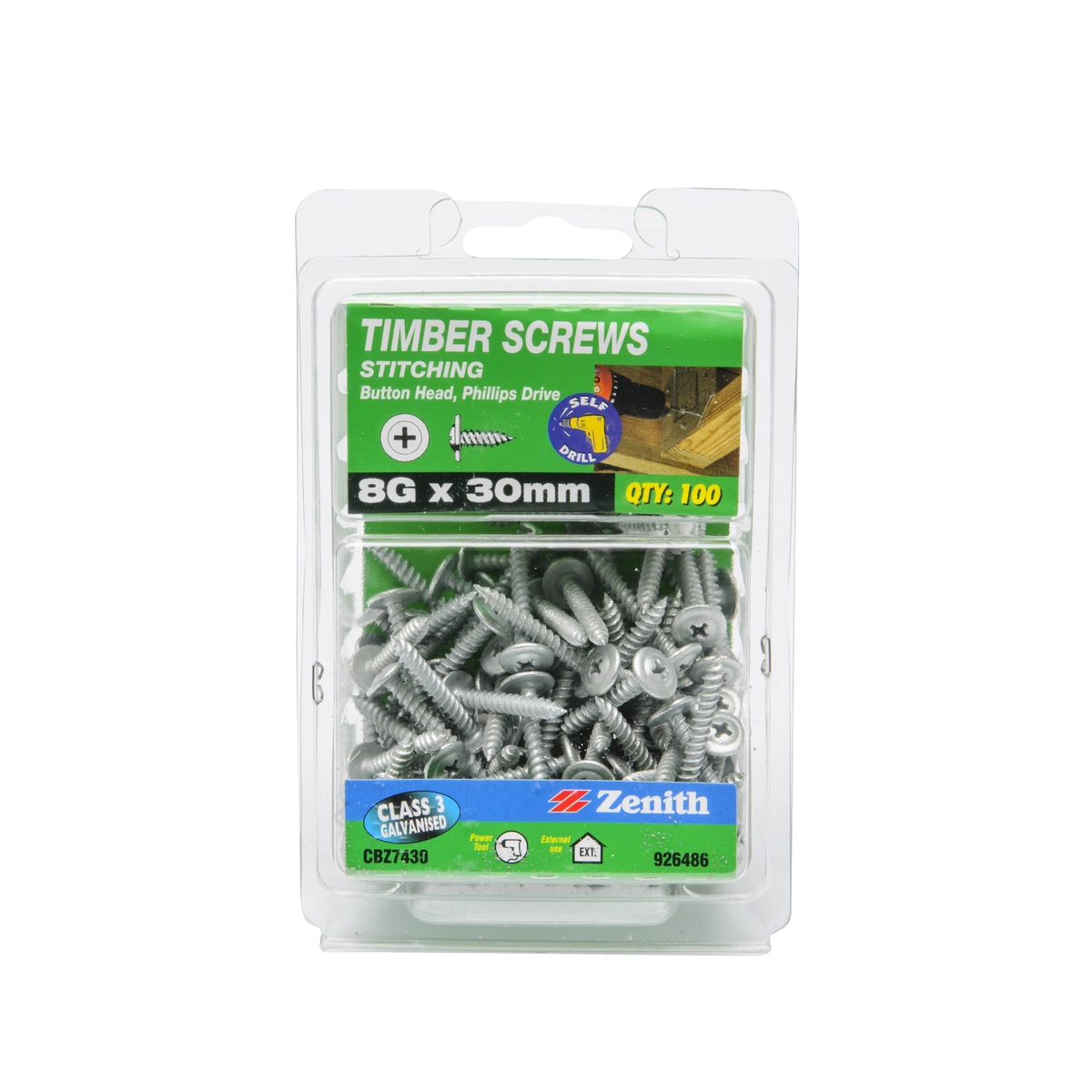 ZENITH® 8G x 30mm Class 3 Galvanised Stitching Screws – 100 Pack
