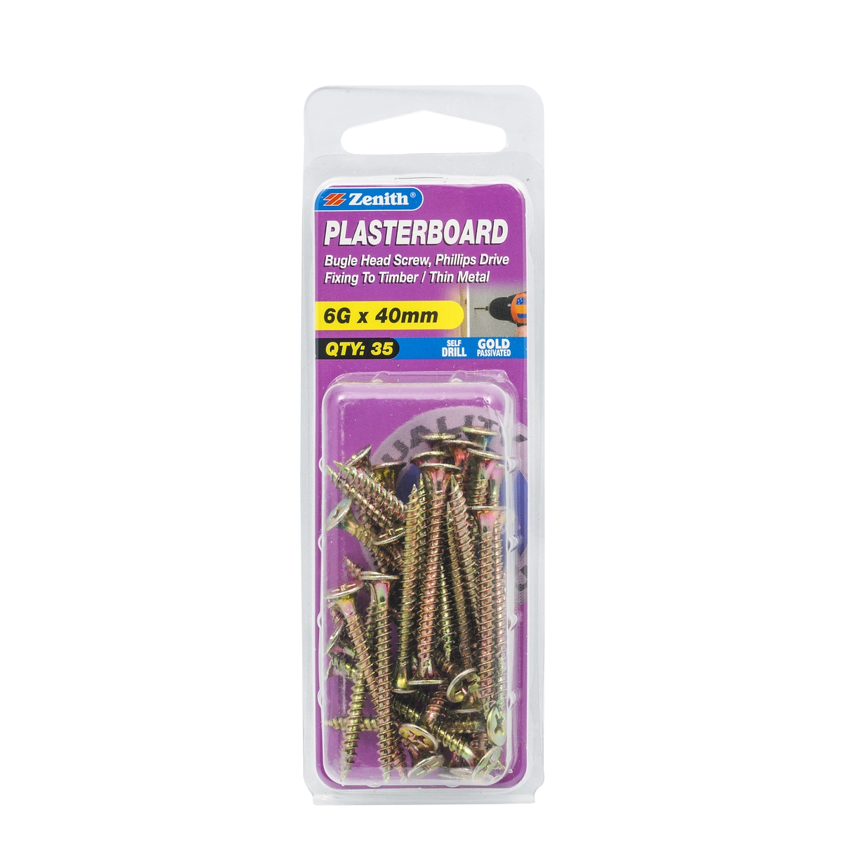 ZENITH® 6G x 40mm Gold Passivated Plasterboard Screws – 35 Pack