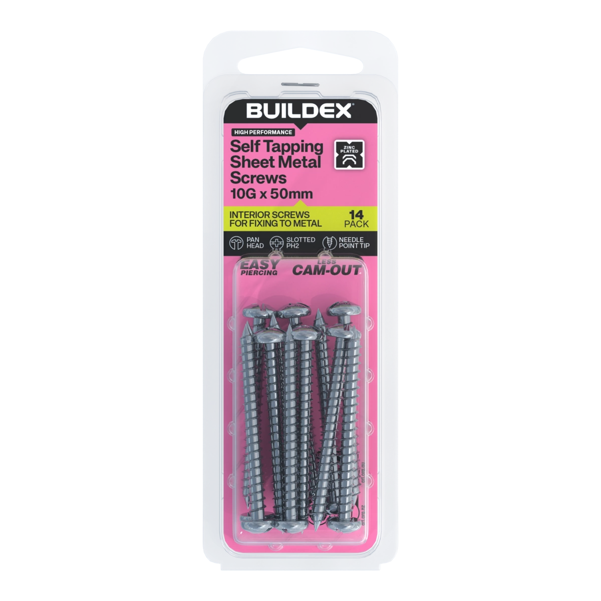 Buildex® 10G x 50mm Zinc Plated Self Tapping Sheet Metal Screws – 14 Pack