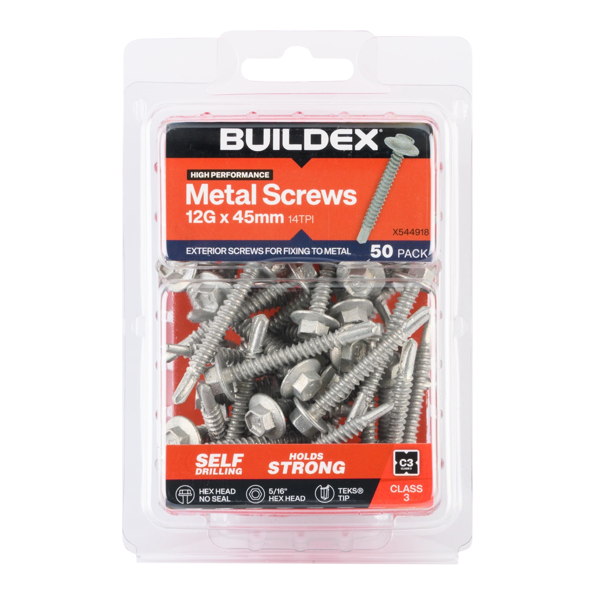 Buildex® 12G x 45mm Class 3 Sheet Metal Screws – 50 Pack