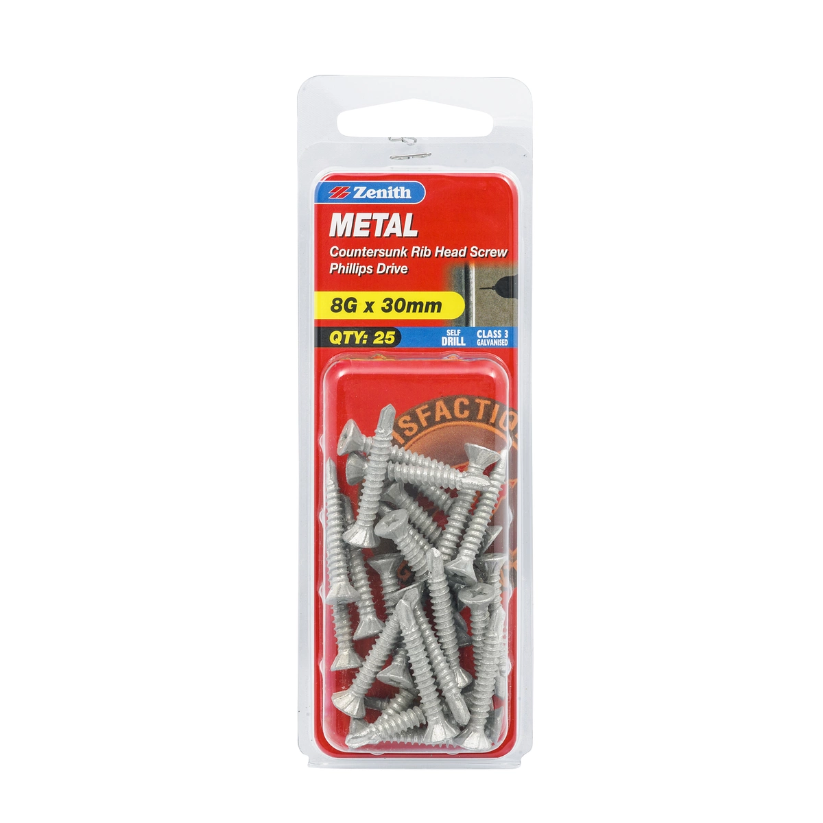 ZENITH® 8G x 30mm Class 3 Galvanised Metal Screws (Countersunk Ribbed Head) – 25 Pack
