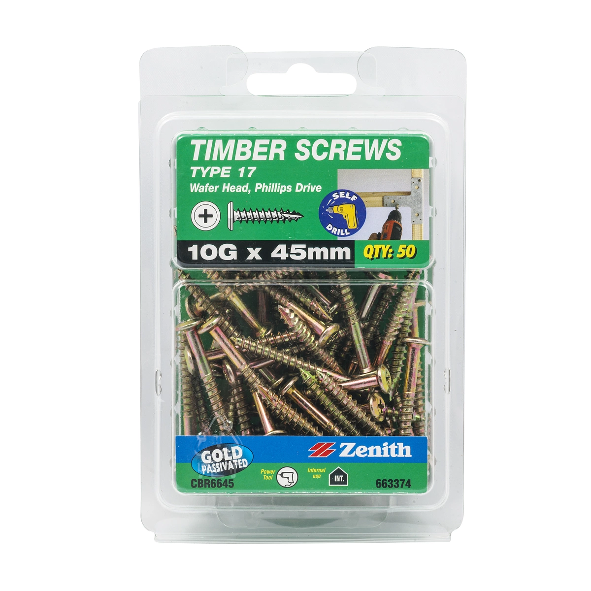 ZENITH® 10G x 45mm Gold Passivated Timber Screws – 50 Pack