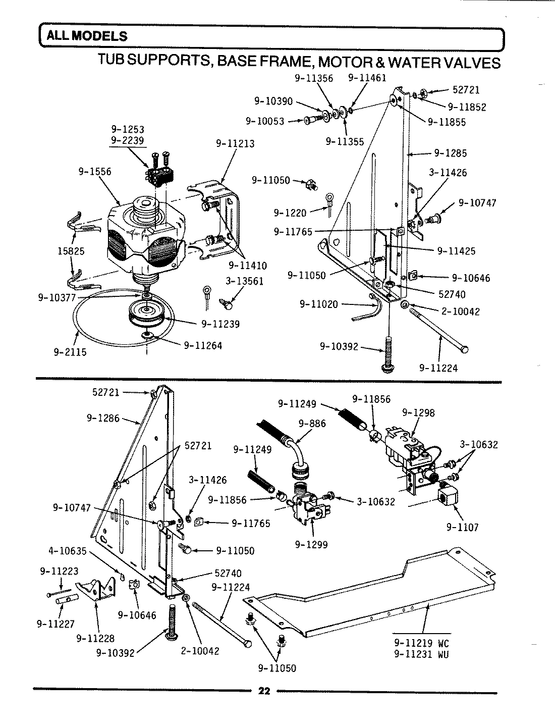 11 - TUB SUPPORTS, BASE FRAME, MOTOR & VALVES