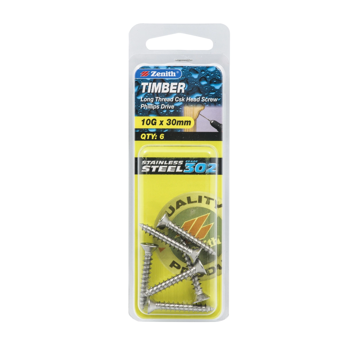 ZENITH® 10G x 30mm 304 Stainless Steel Timber Screws – 6 Pack