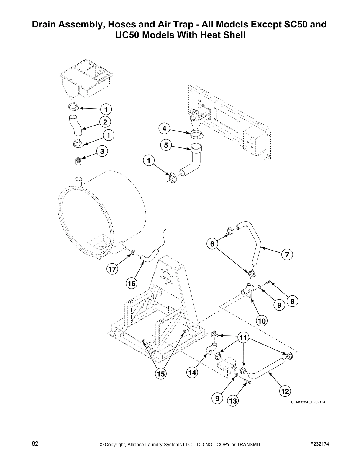 Drain Assembly, Hoses and Air Trap - All Models Except SC50 and
UC50 Models With Heat Shell