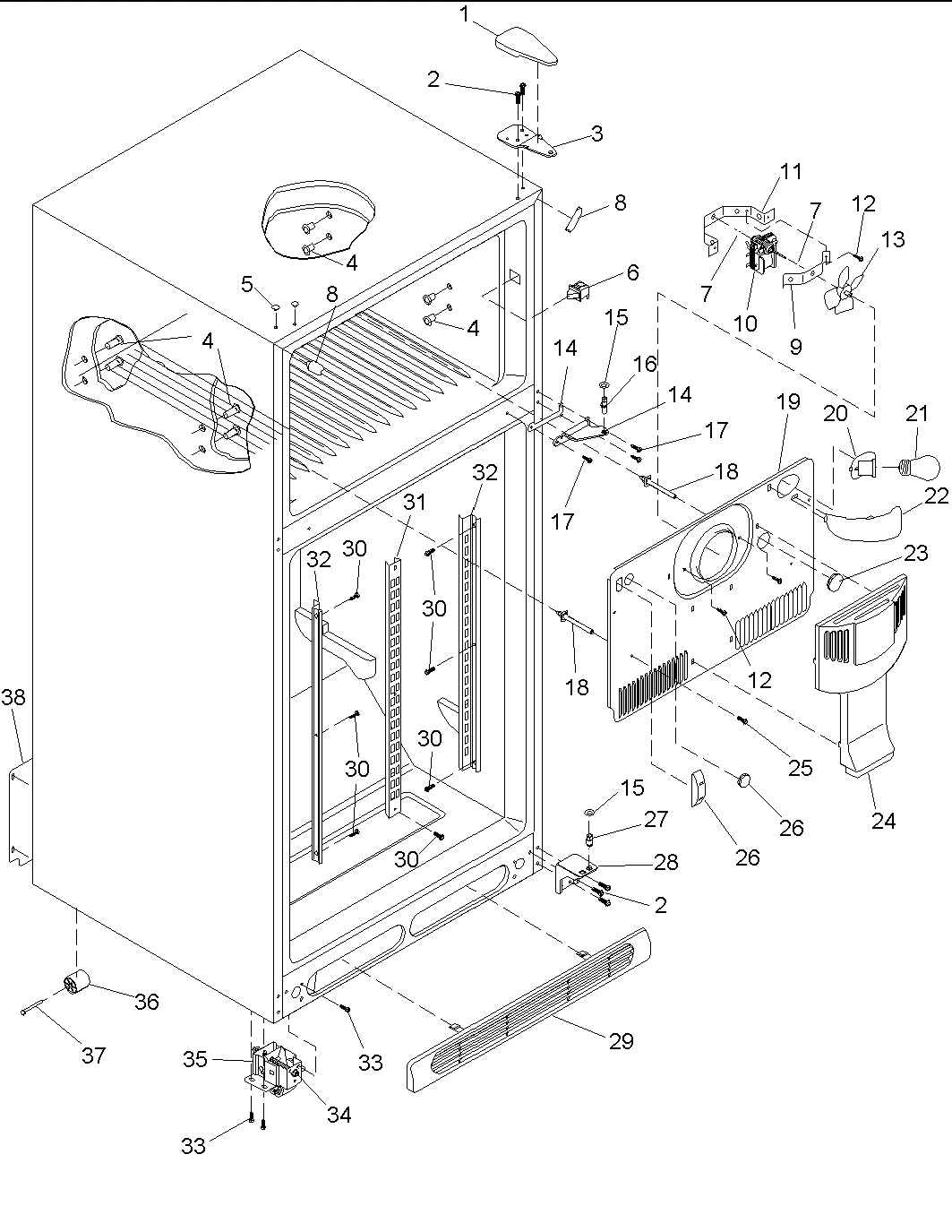 01 - Cabinet, Hinges, Evap Fan & Rollers