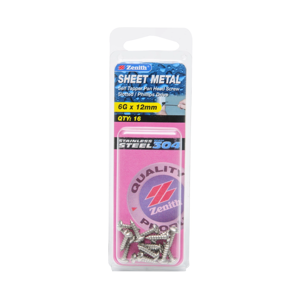 ZENITH® 6G x 12mm 304 Stainless Steel Sheet Metal Screws – 16 Pack