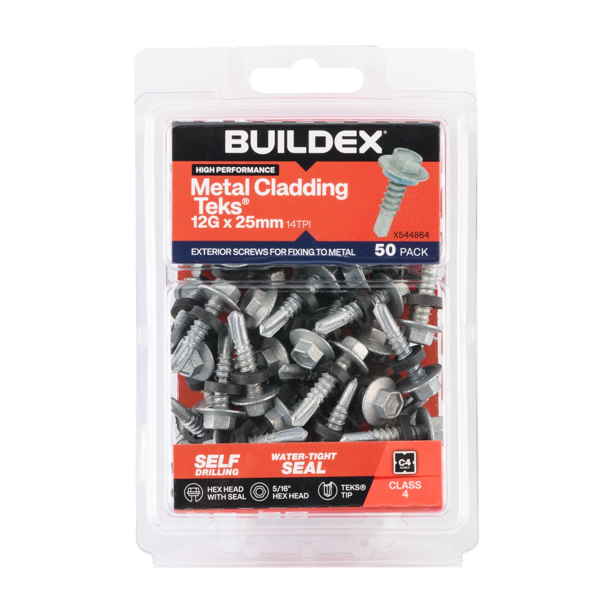 Buildex® 12G x 25mm Class 4 Metal Cladding TEKS® Screws with Seal – 50 Pack